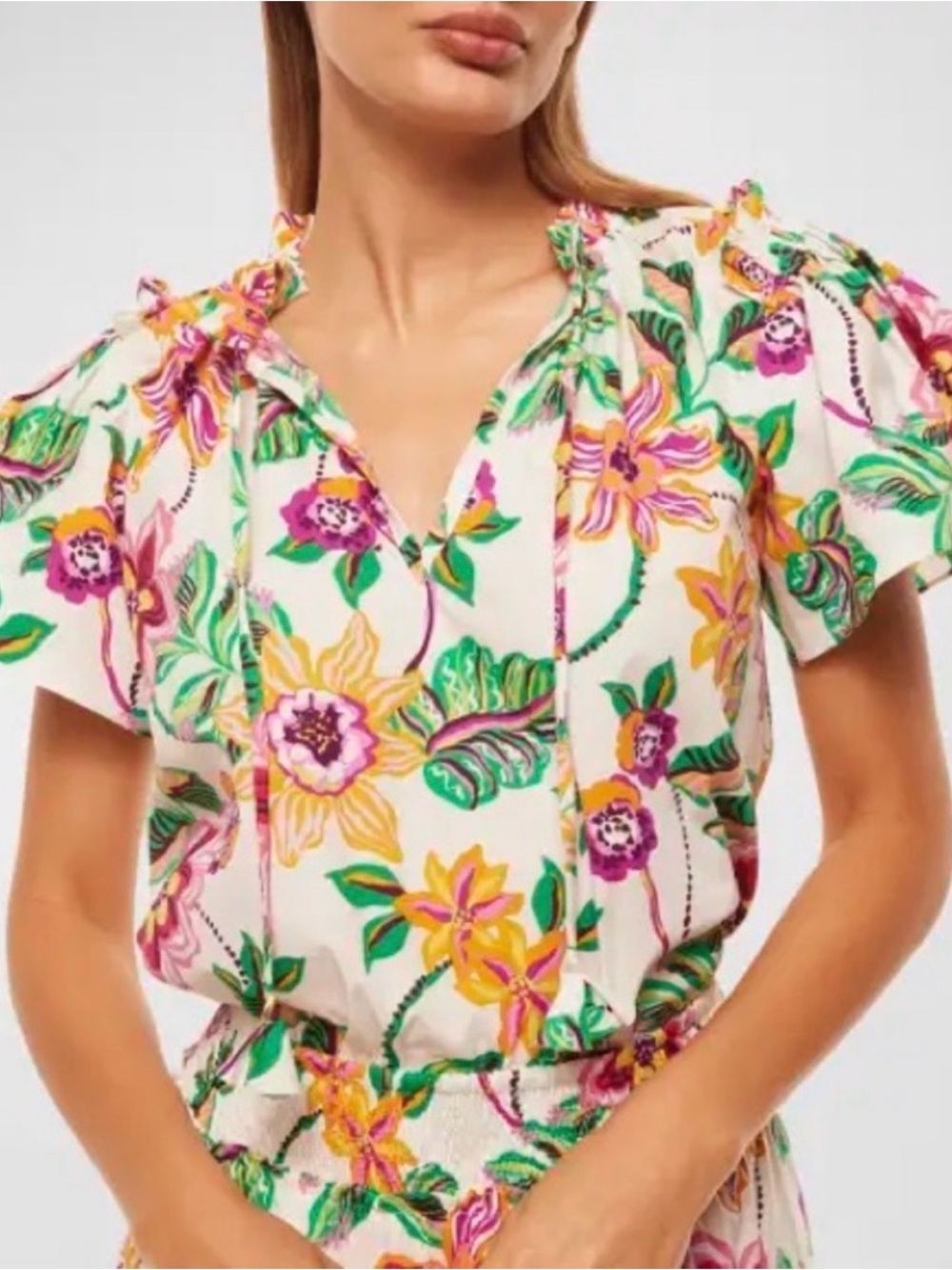 Misa Los Angeles Surpana White Floral Tie-Neck Blouse